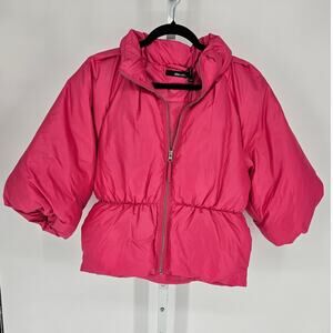 She Said Womens Sz XS Cropped Hot Pink Puffer 3/4 Sleeve Coat Jacket